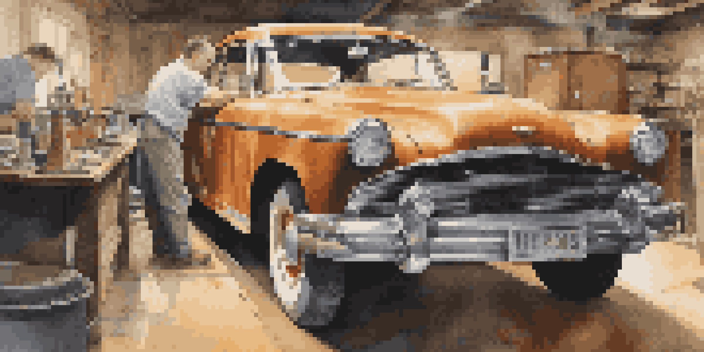 A mechanic inspecting the bodywork of a vintage car in a well-lit workshop, with tools in the background.