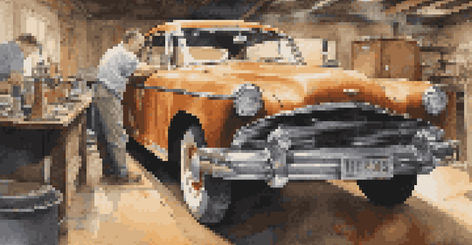 A mechanic inspecting the bodywork of a vintage car in a well-lit workshop, with tools in the background.