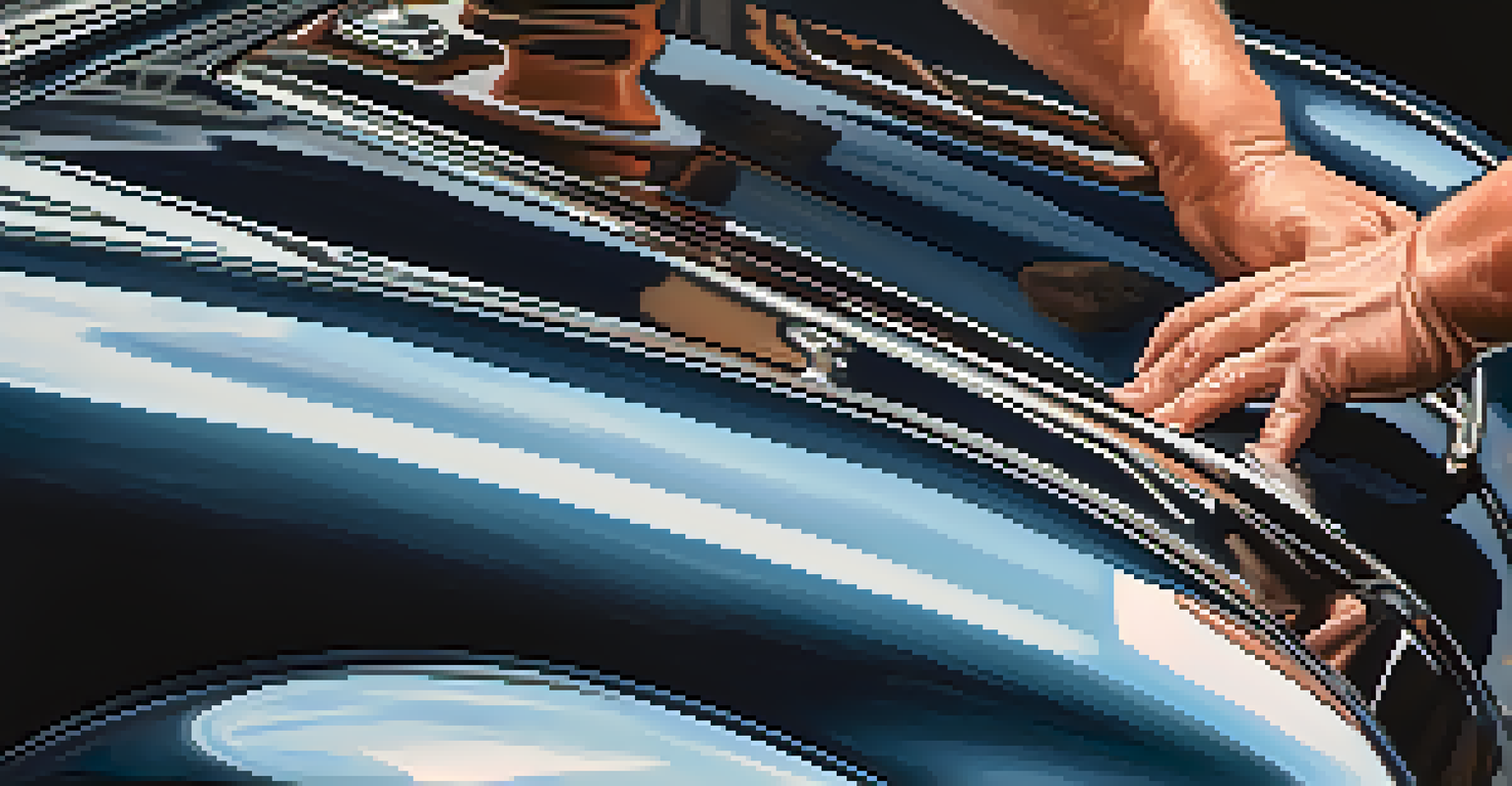 Close-up of a mechanic polishing a restored vintage car hood with reflections of the garage.