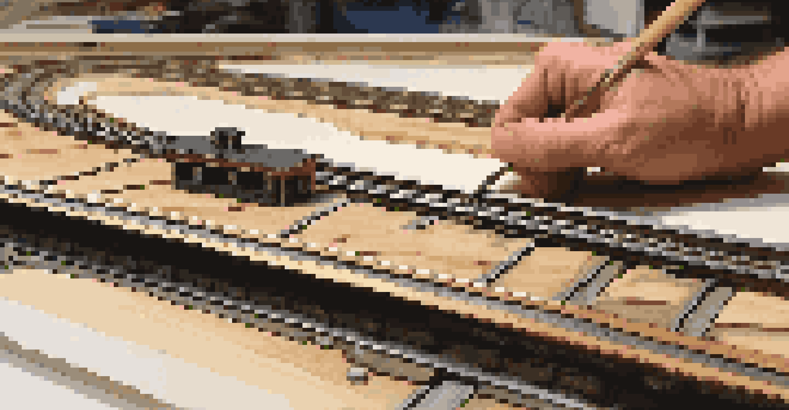 A close-up of model railroad tracks being installed on a base, with tools in the background.