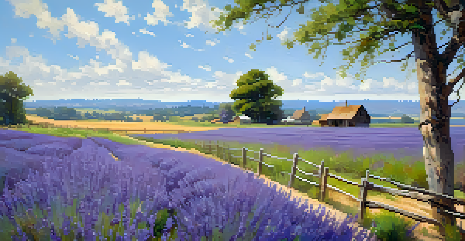 A field of blooming lavender flowers under a blue sky, with a wooden fence and farmhouse in the distance.