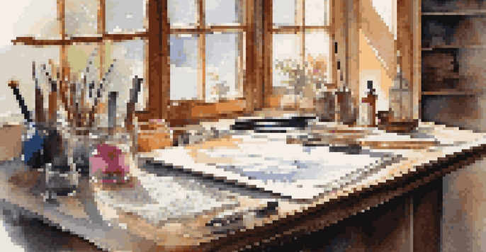 A calligraphy workspace with a dip pen, colorful inks, and paper, illuminated by soft natural light.