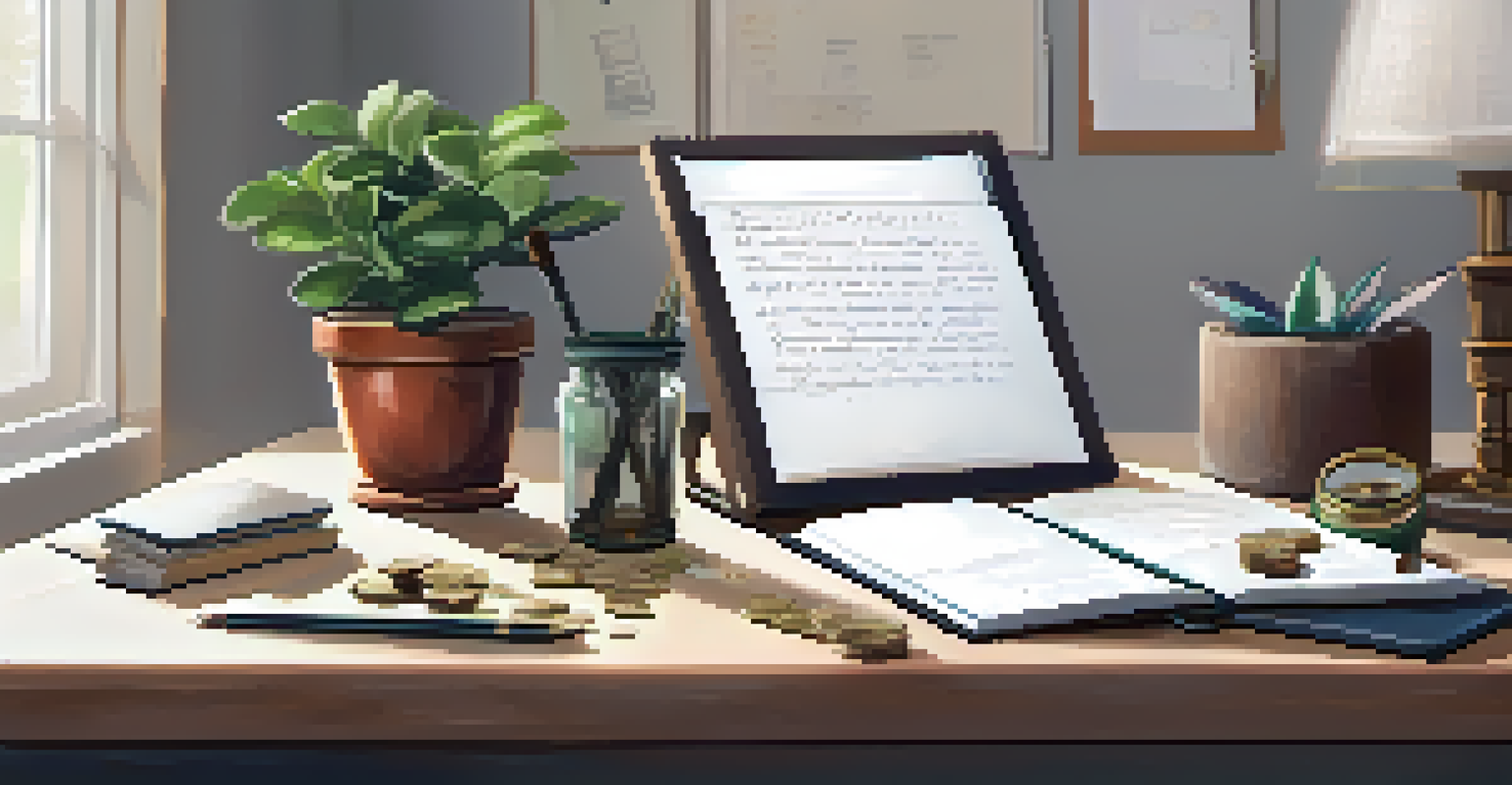 A workspace with a magnifying glass, notepad, and coins on a desk illuminated by a soft lamp, with a potted plant in the background.