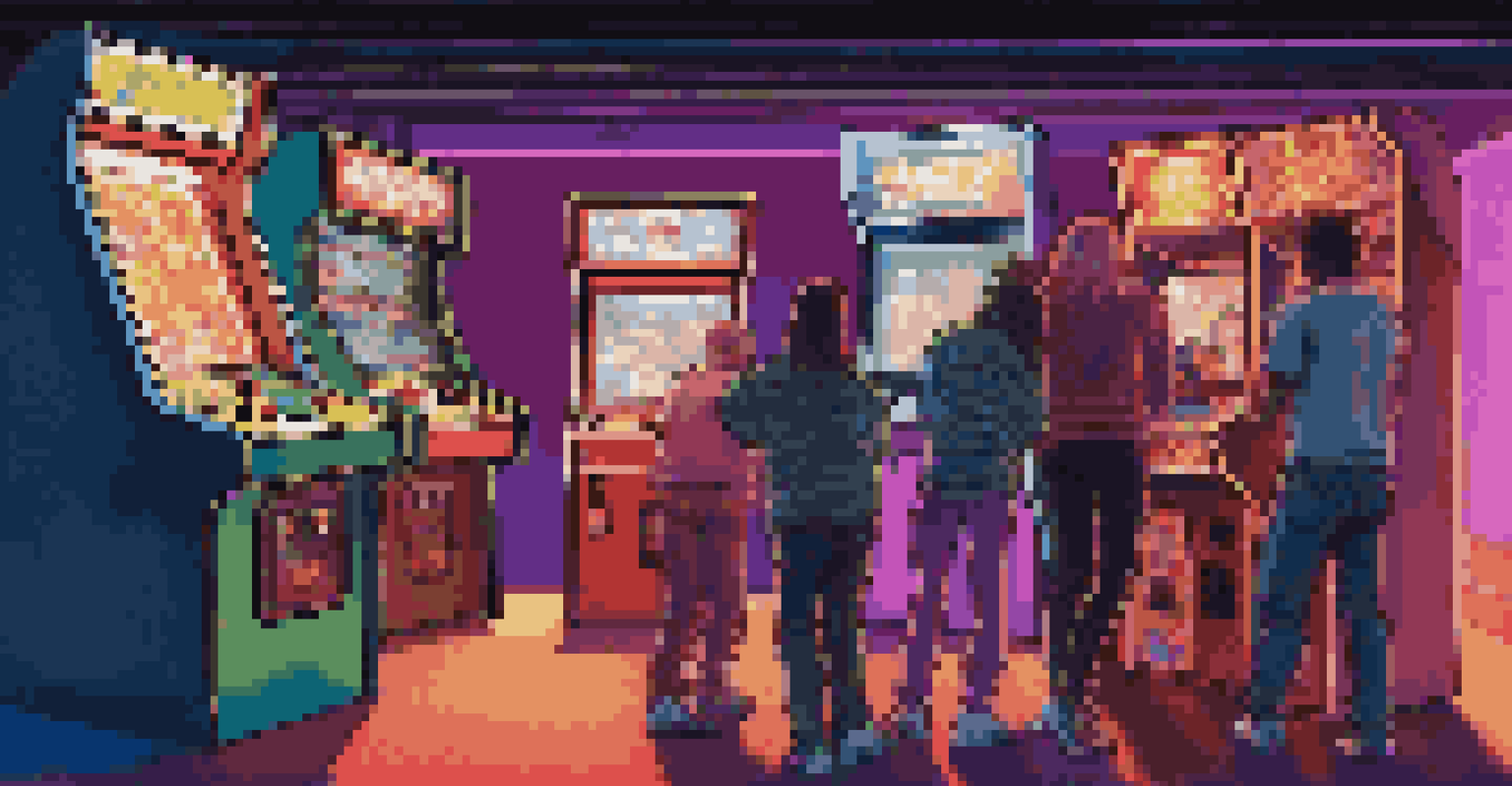 A nostalgic arcade scene with diverse players around a vintage arcade cabinet, illuminated by soft neon lights.