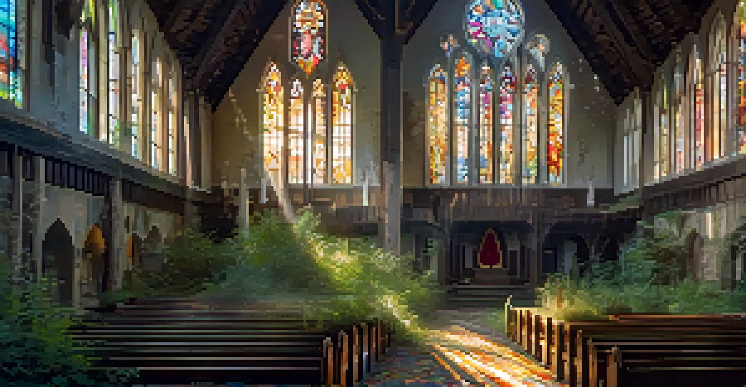 The interior of an abandoned church with cracked stained glass windows, illuminated by soft light and casting colorful patterns on the floor.