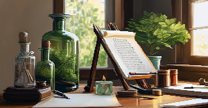 A calligraphy workspace with a dip pen, colorful inks, and paper on a wooden table, illuminated by soft sunlight.
