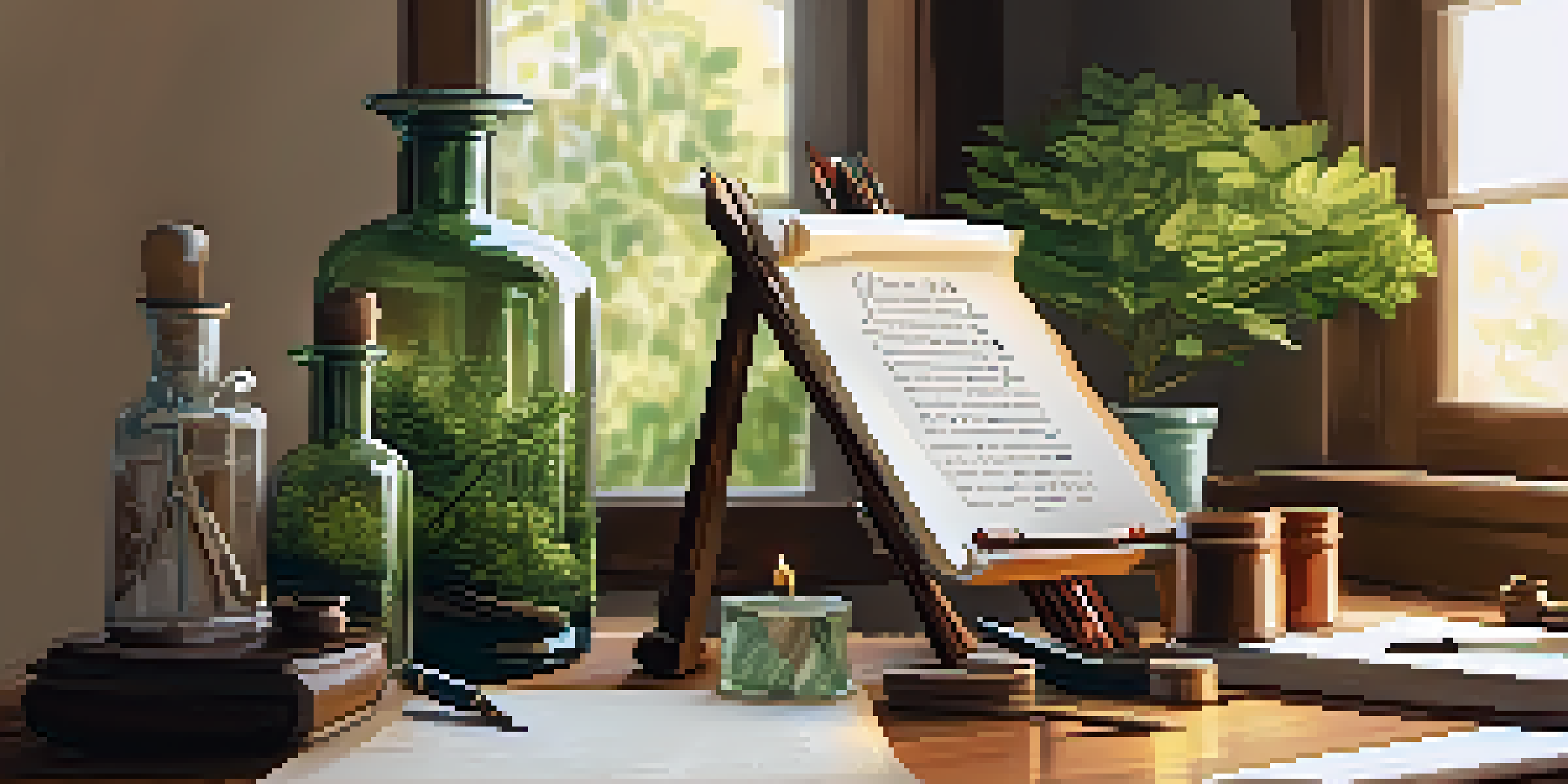 A calligraphy workspace with a dip pen, colorful inks, and paper on a wooden table, illuminated by soft sunlight.