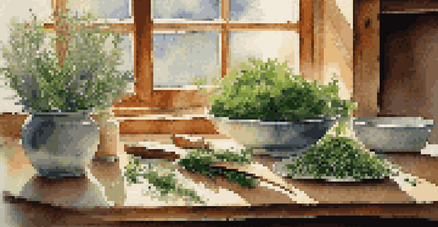 A kitchen scene with aromatic herbs on a cutting board, a chef's knife, and a bowl of olive oil, illuminated by soft sunlight.