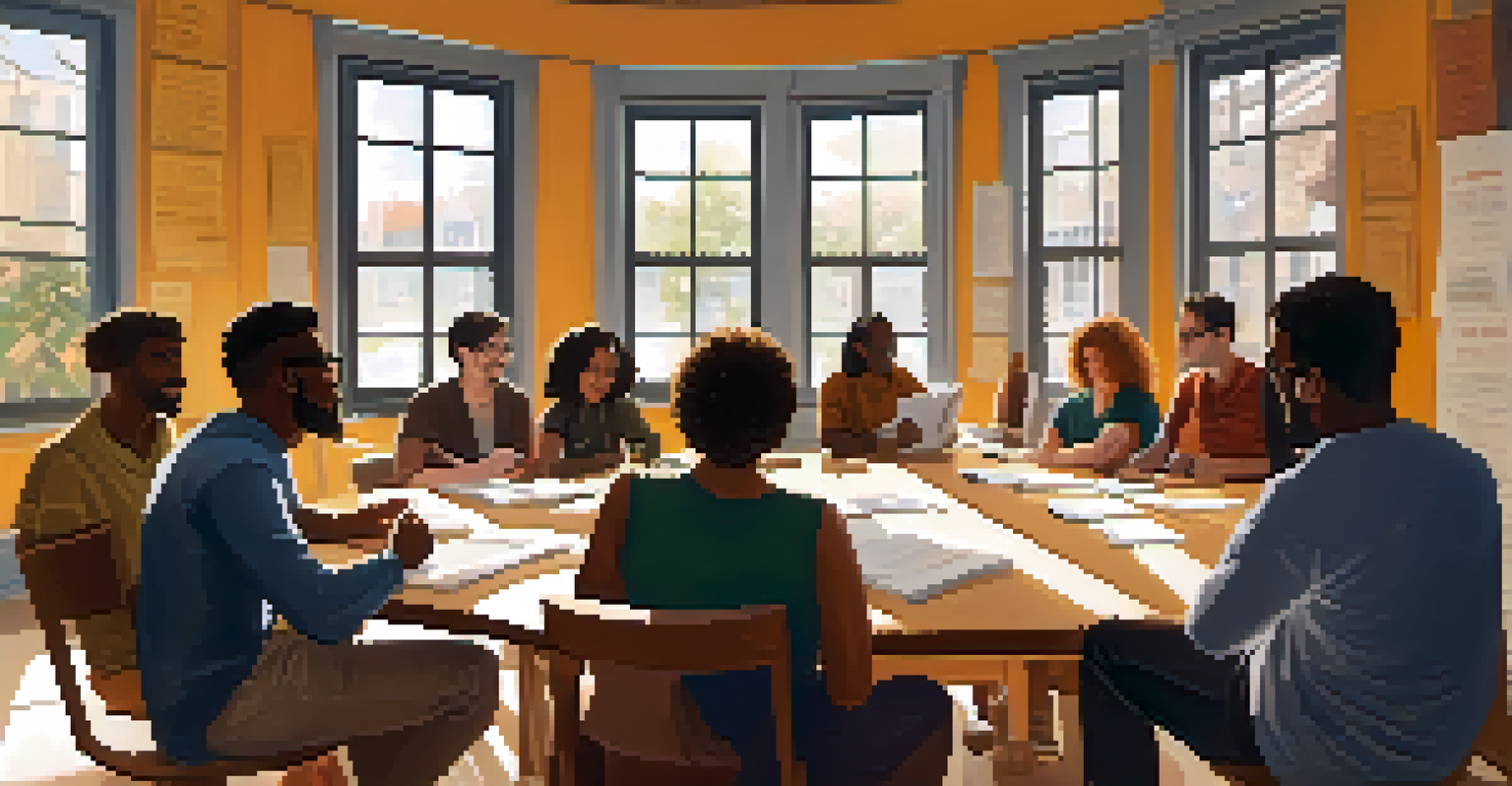 A group of diverse writers discussing their scripts in a bright workshop, with notepads and pens in hand, surrounded by inspirational quotes.