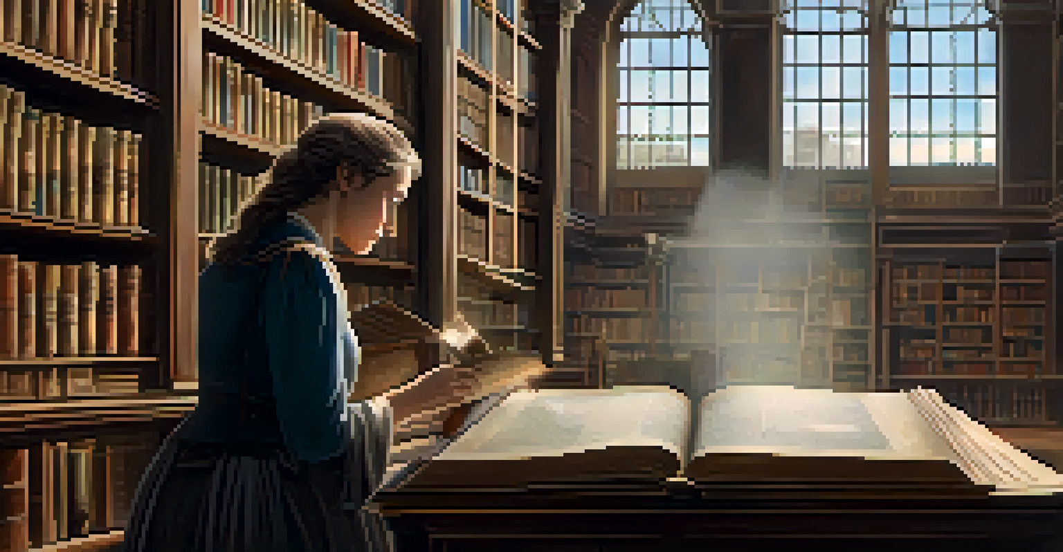 A researcher examining genealogical resources in a historical library, surrounded by ancient books and illuminated by soft sunlight.