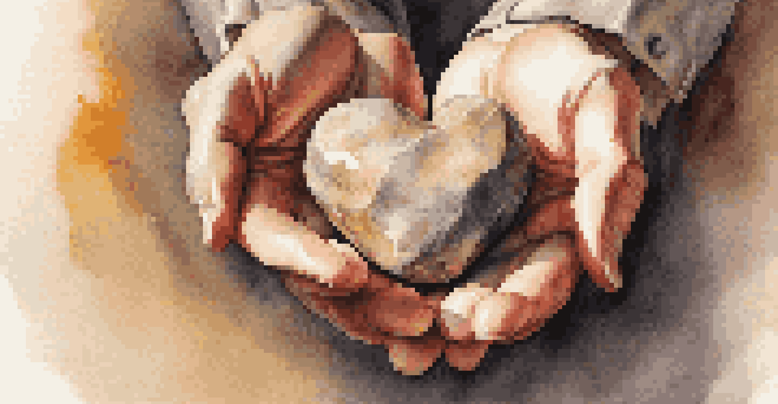 A close-up of a hand holding a heart-shaped stone against a blurred warm background.