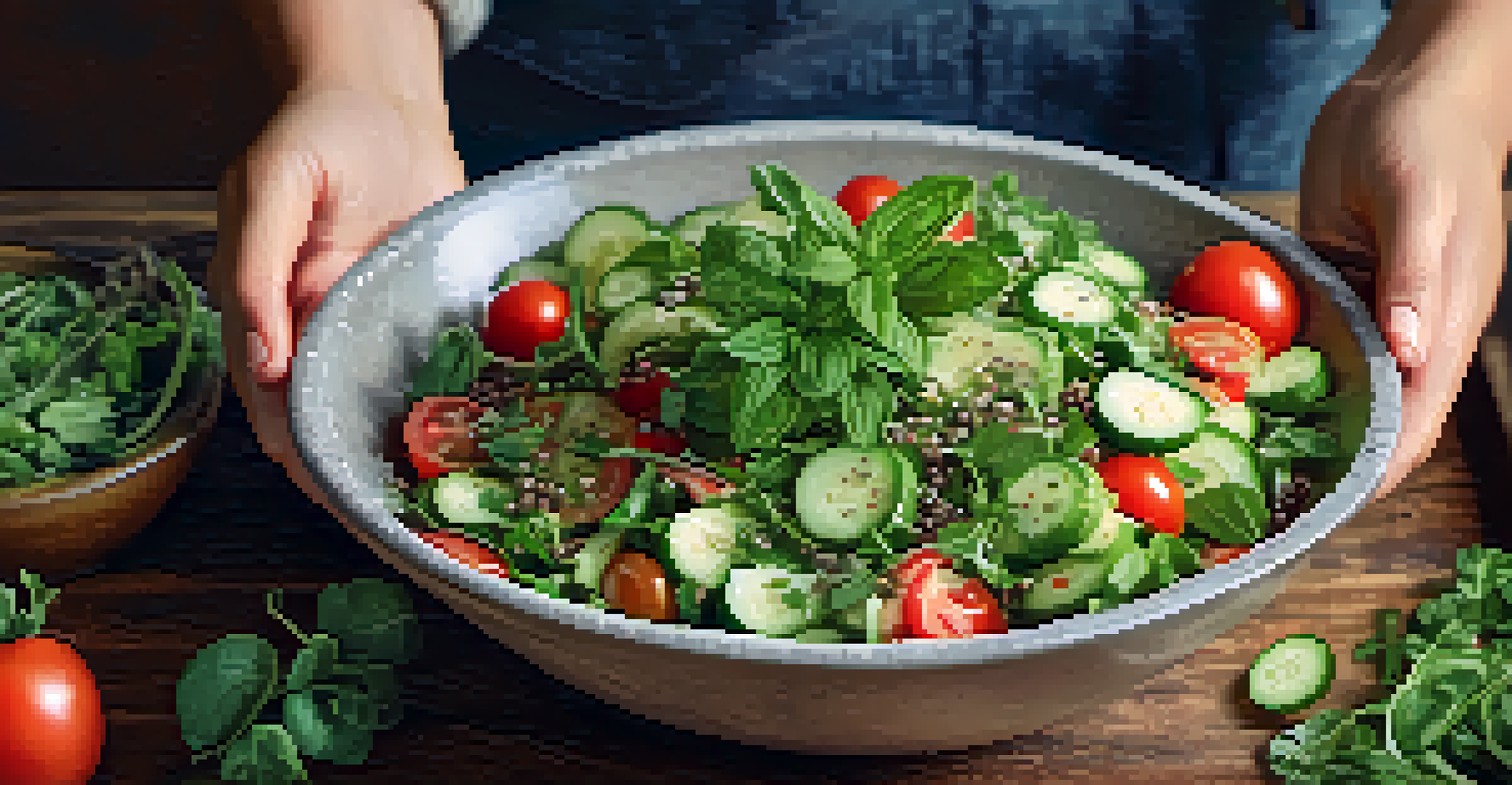 A hand adding fresh oregano to a colorful salad in a rustic bowl, with a blurred background.