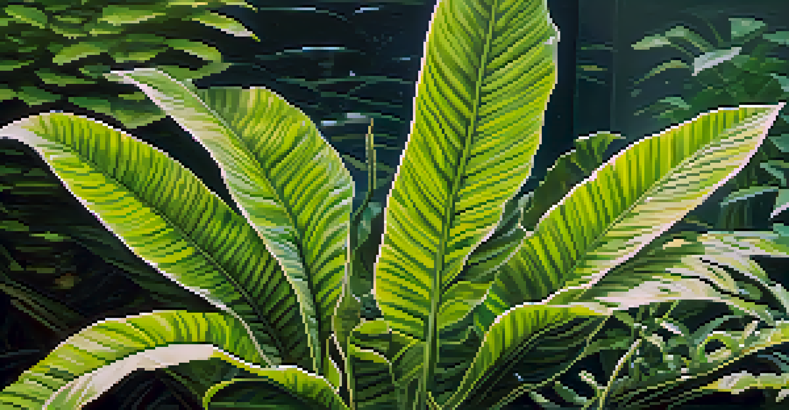A close-up of a healthy Java Fern plant in an aquarium, illuminated by soft light, with fish blurred in the background.