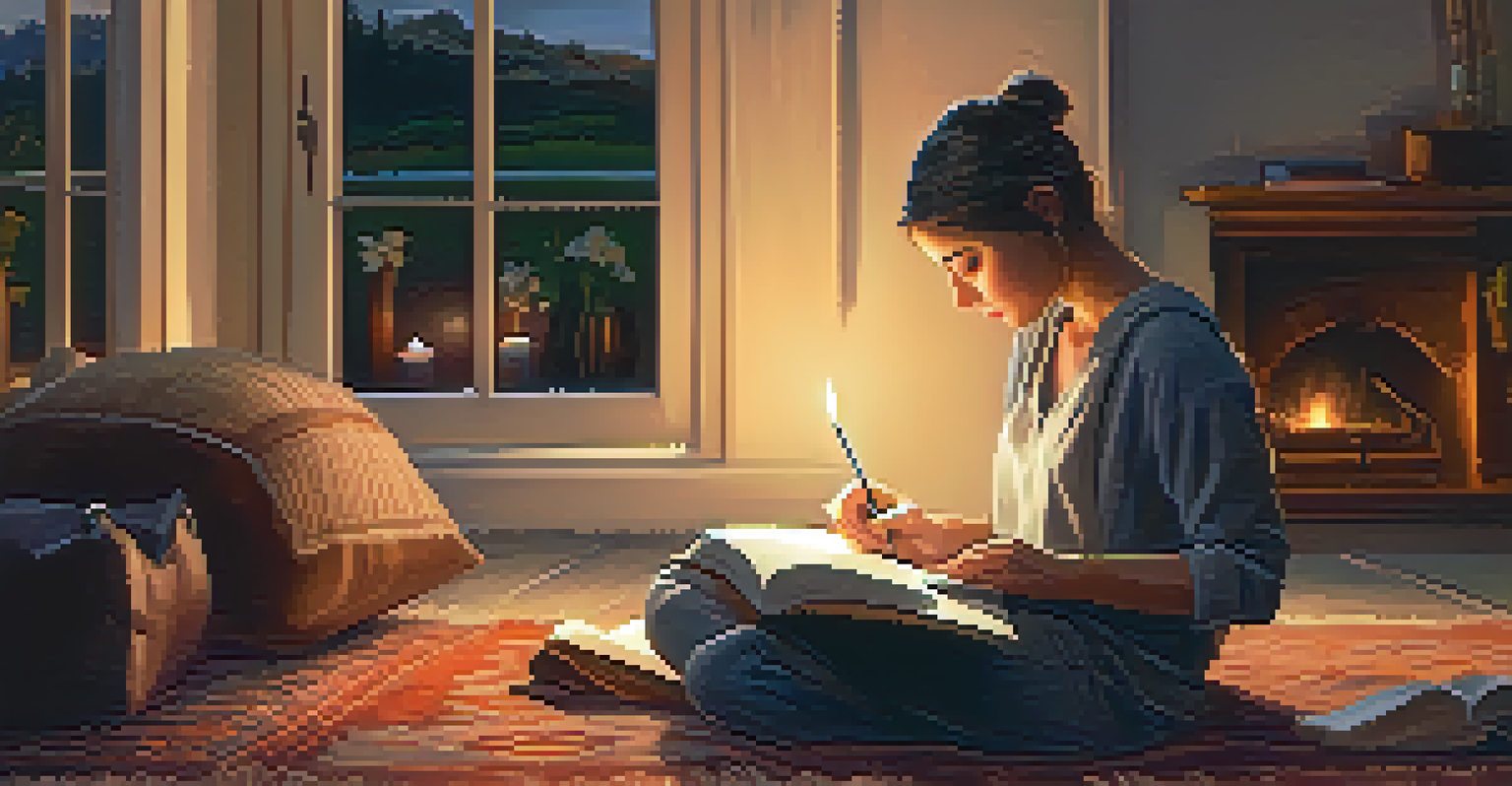 A person writing in a journal while sitting on a cozy rug, surrounded by soft cushions and warm lighting, creating a peaceful ambiance.