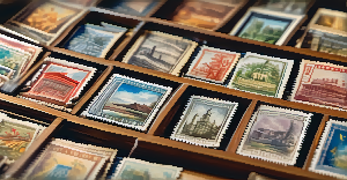 A collection of rare stamps displayed in a vintage wooden album, illuminated by natural sunlight in a cozy study.