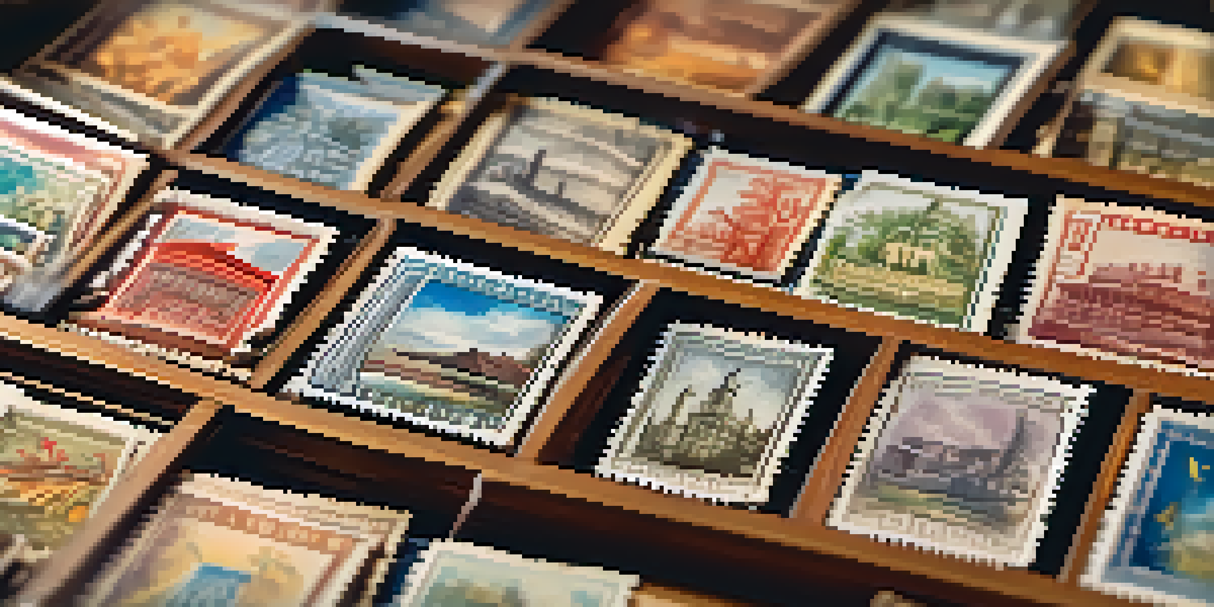 A collection of rare stamps displayed in a vintage wooden album, illuminated by natural sunlight in a cozy study.