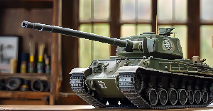 Close-up of a detailed 1:35 scale military tank model on a wooden base in a modeling workshop.