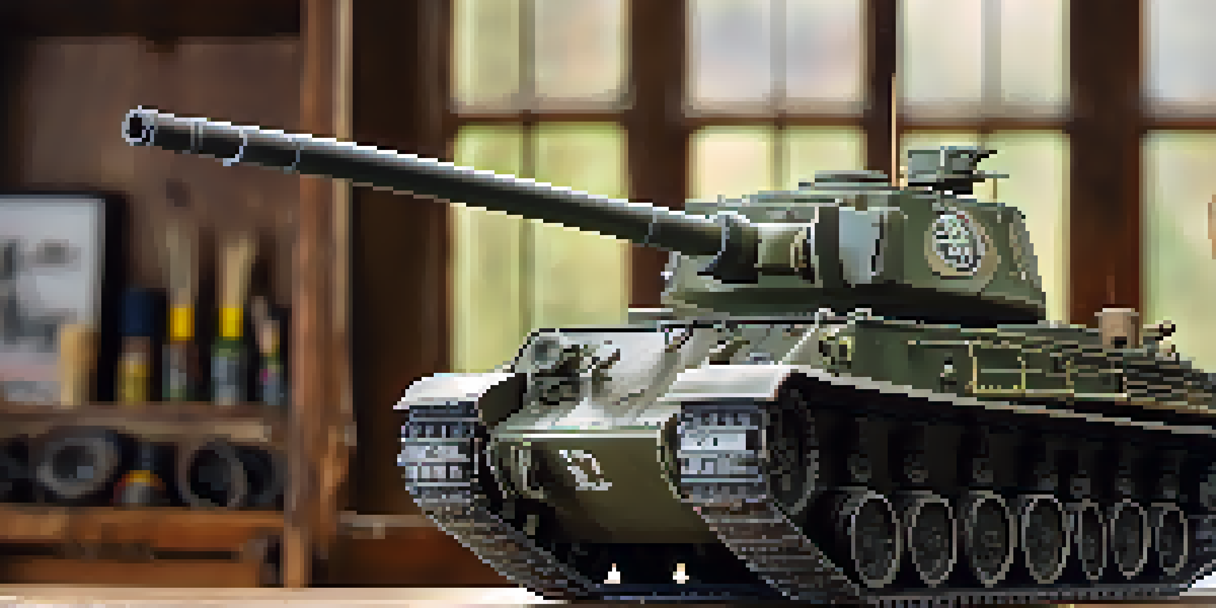 Close-up of a detailed 1:35 scale military tank model on a wooden base in a modeling workshop.