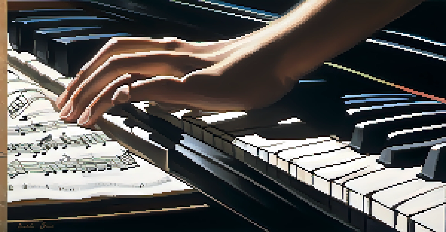 A detailed view of a musician's hands playing a piano, emphasizing the movement across the keys with sheet music in the foreground.