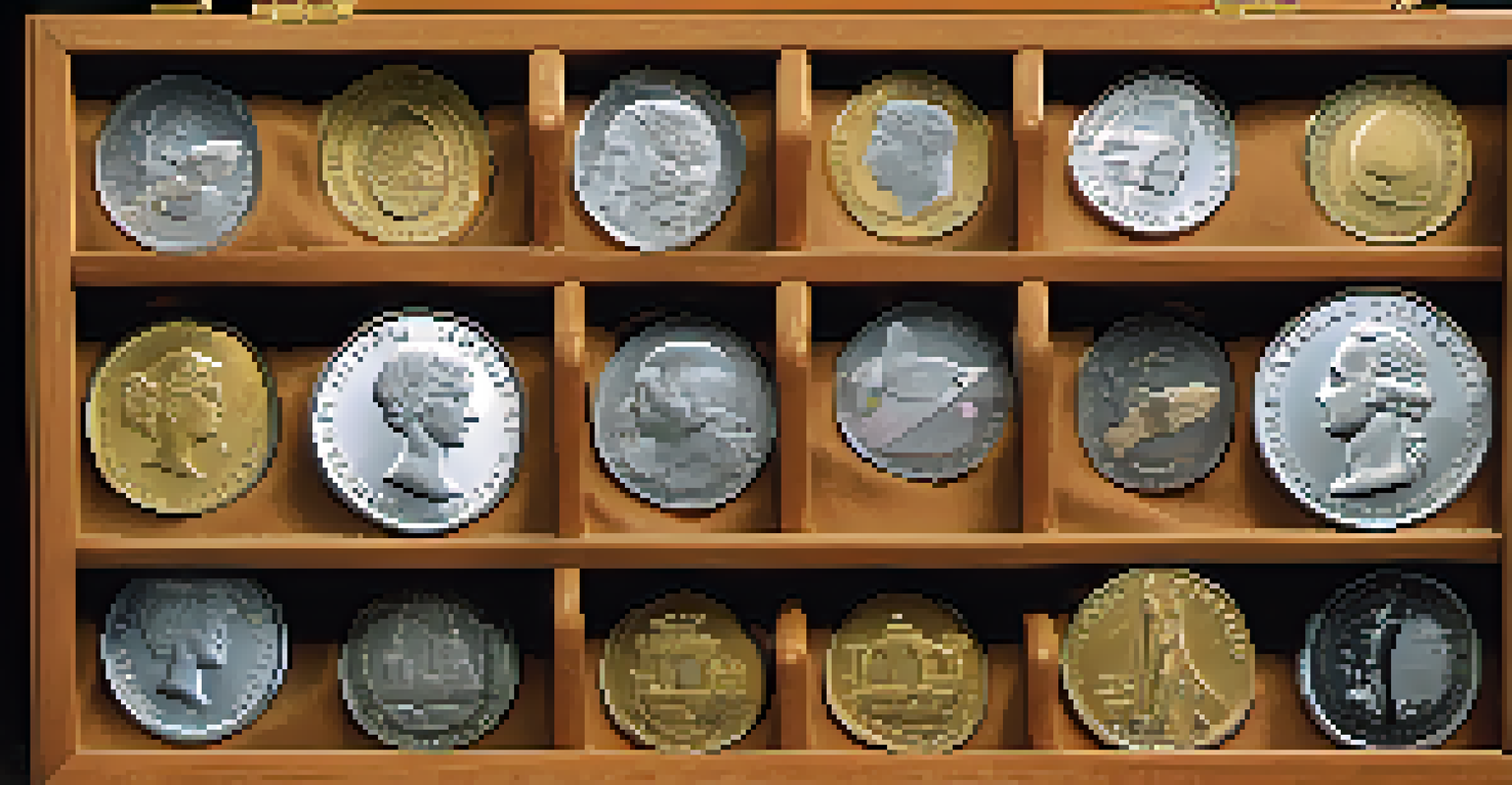 A display case with various coins, highlighting both genuine and counterfeit examples with labels and arrows.