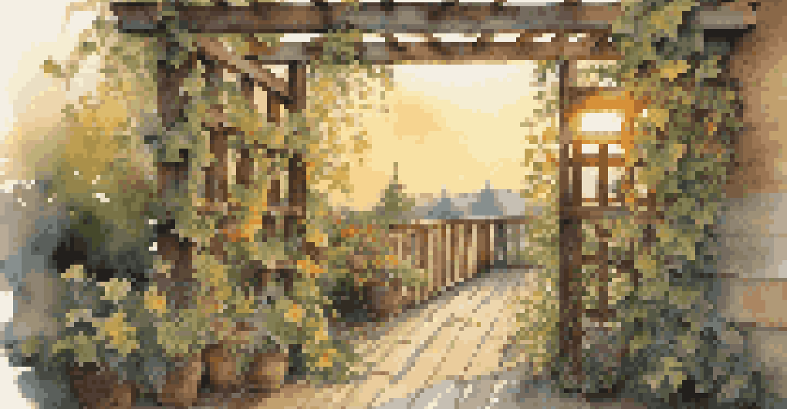 Climbing morning glories on a wooden trellis, illuminated by the warm light of a sunset.
