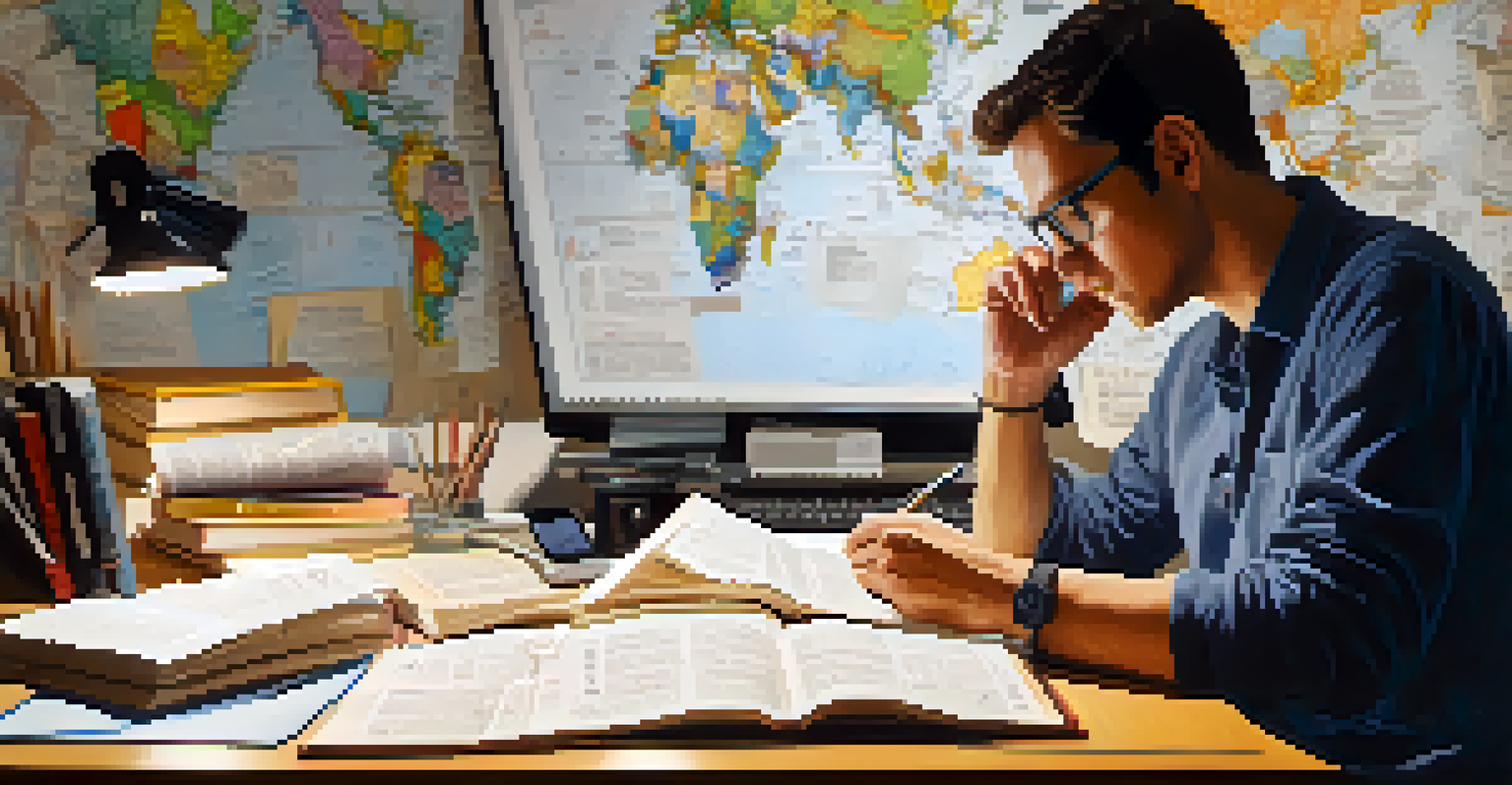 A person reading a non-fiction book at a desk filled with notes and a laptop, with a world map displayed on the wall behind them.