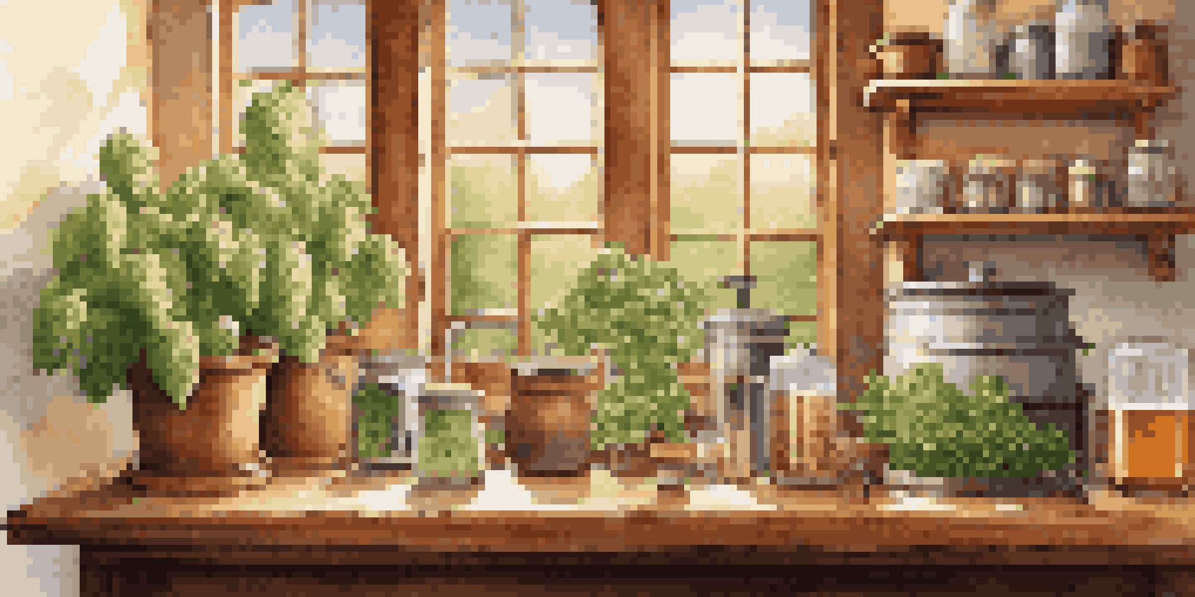 A home brewing setup with a wooden countertop, glass equipment, and fresh organic ingredients, illuminated by soft lighting.