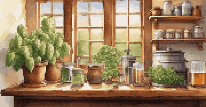 A home brewing setup with a wooden countertop, glass equipment, and fresh organic ingredients, illuminated by soft lighting.