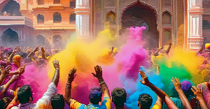 A lively celebration of the Holi festival with people throwing colorful powders in the air, smiling and surrounded by traditional buildings.
