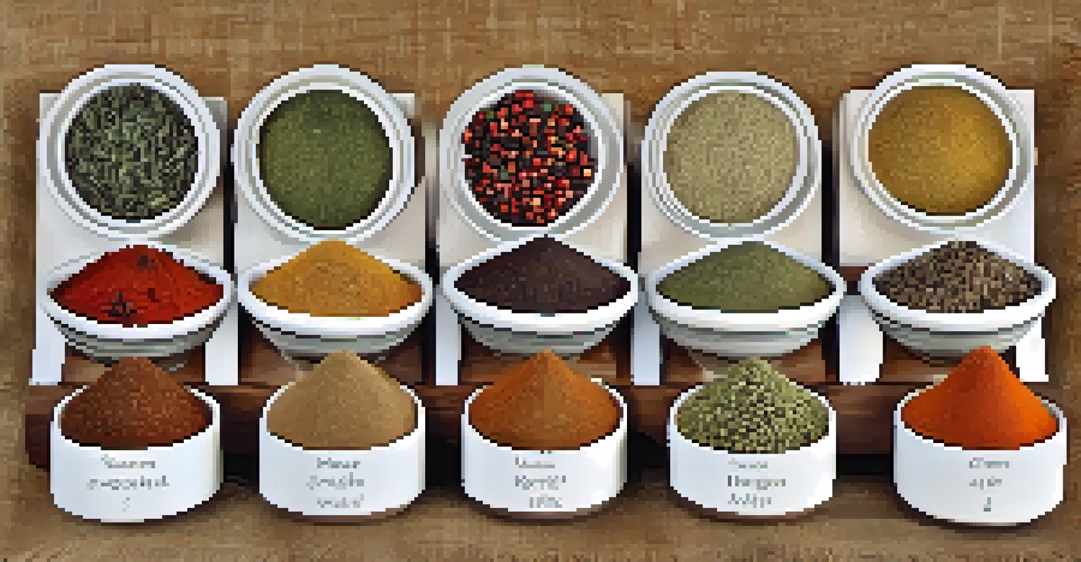 An artistic display of spice blends in small bowls on textured burlap, with fresh herbs and scattered spices.
