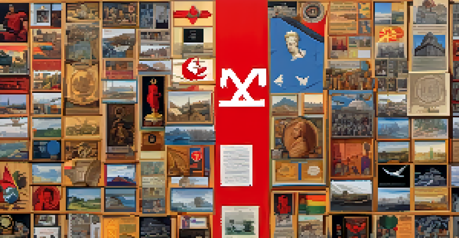 A digital collage showcasing symbols for different historiographical approaches, such as Marxism, feminism, and post-colonialism, on a colorful background.