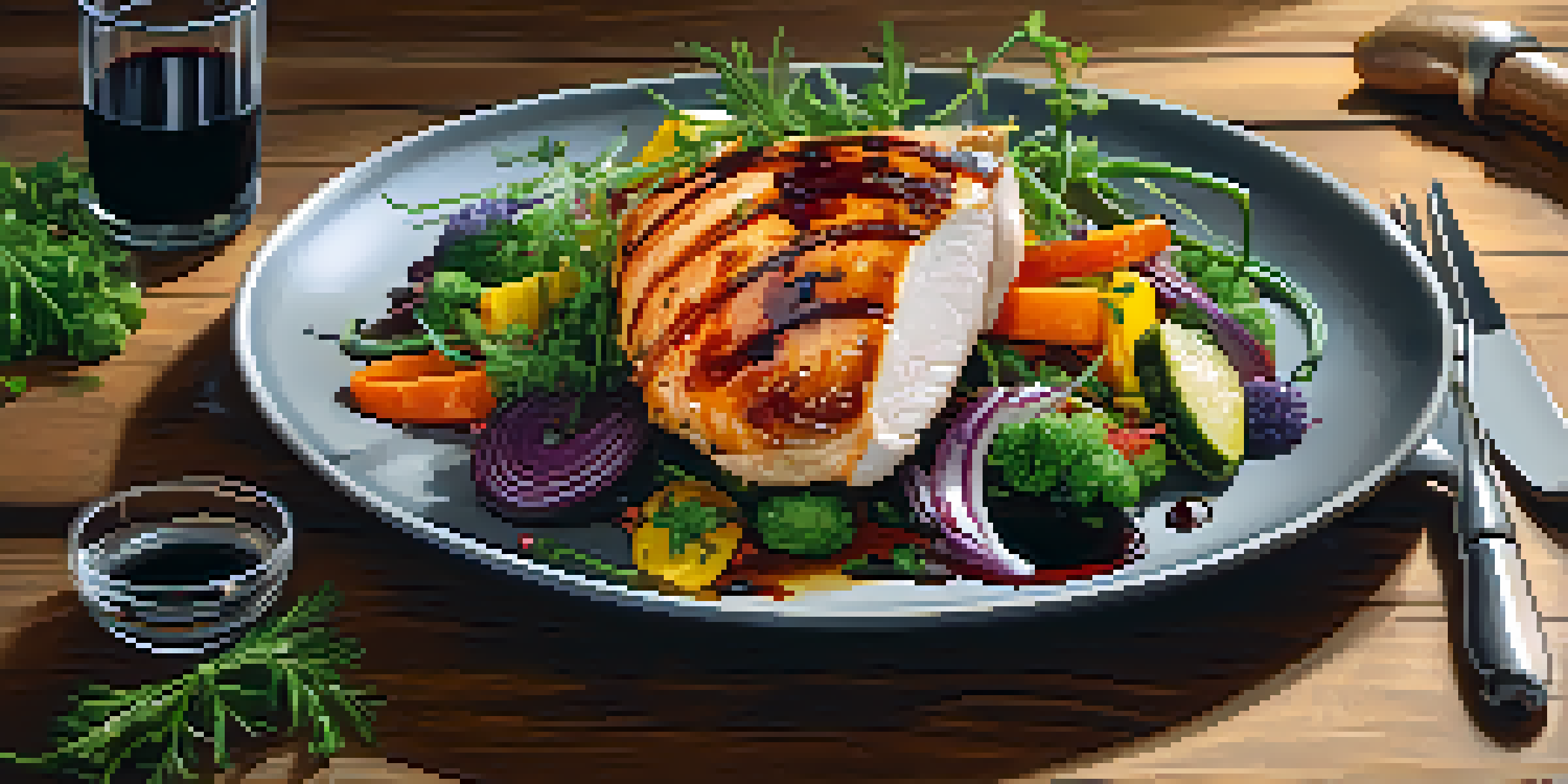 A gourmet dish with seared chicken, colorful vegetables, and balsamic reduction on a wooden table.