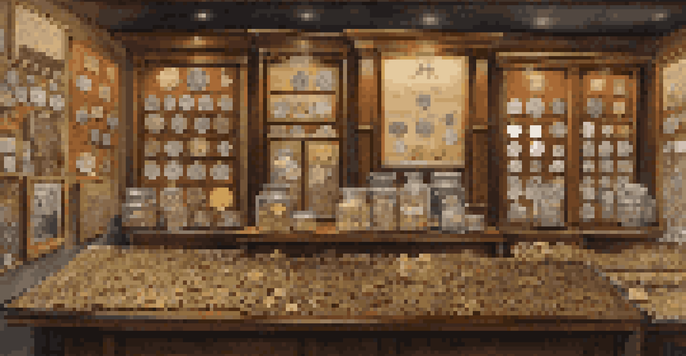 A vintage coin dealer's shop with a display case of rare coins and numismatic posters on the walls.