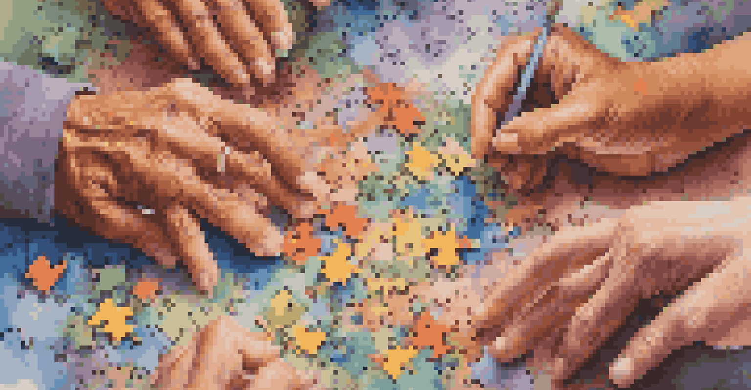 Close-up of hands of different ages collaborating on a colorful jigsaw puzzle.