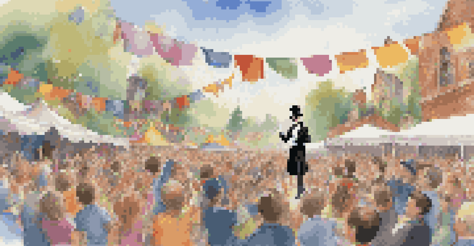 A magician performing at an outdoor festival, captivating a joyful crowd with colorful scarves and festive decorations.