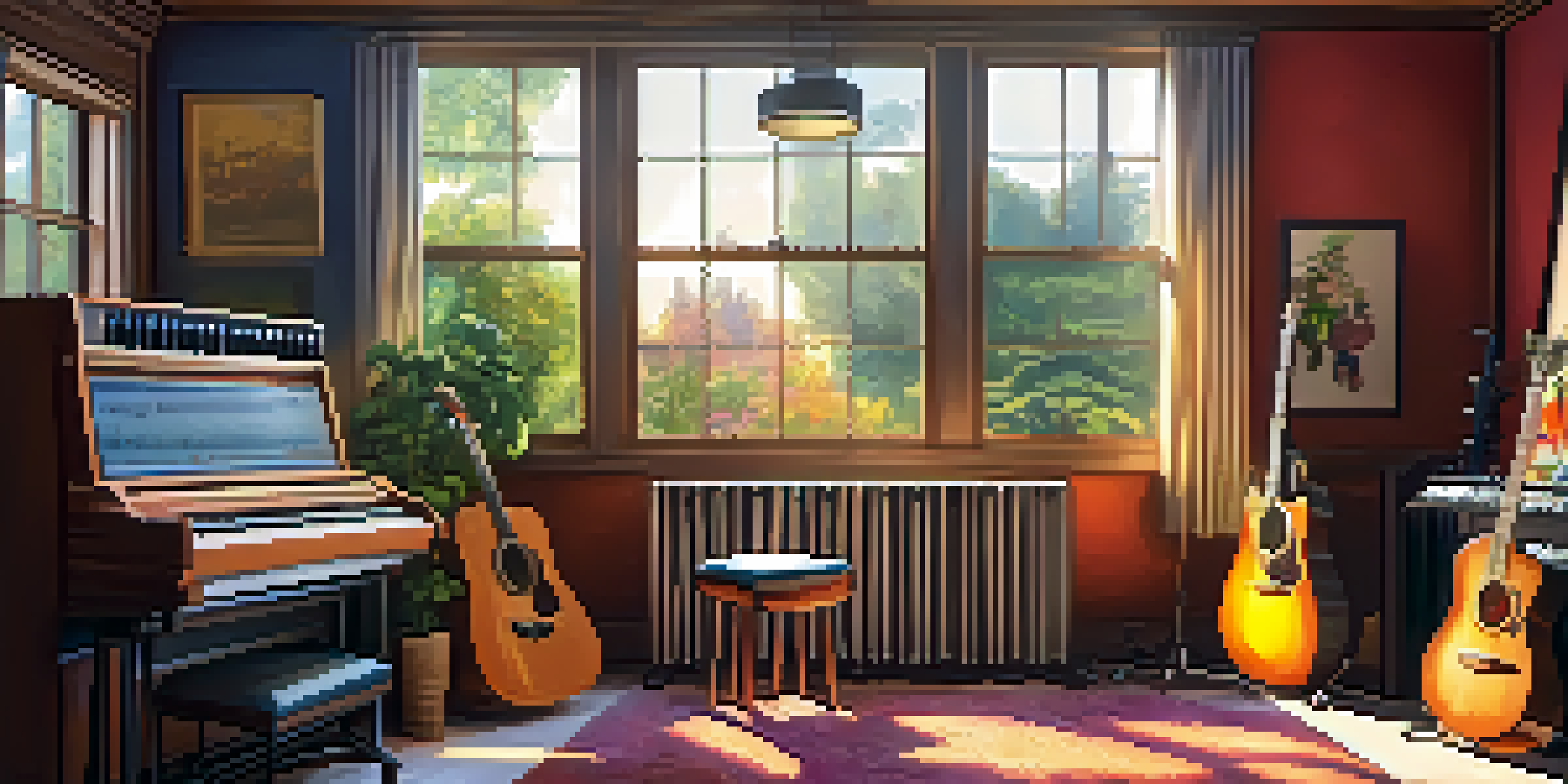 A vibrant music studio featuring a guitar, piano, and drums, illuminated by warm lighting and colorful soundproofing panels.