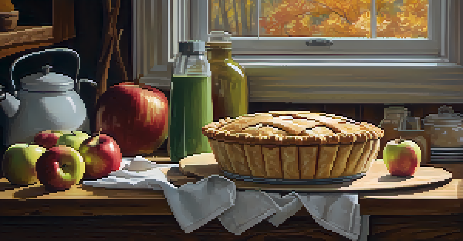 A cozy kitchen with a freshly baked apple pie on a wooden countertop, surrounded by different apple varieties and warm spices.