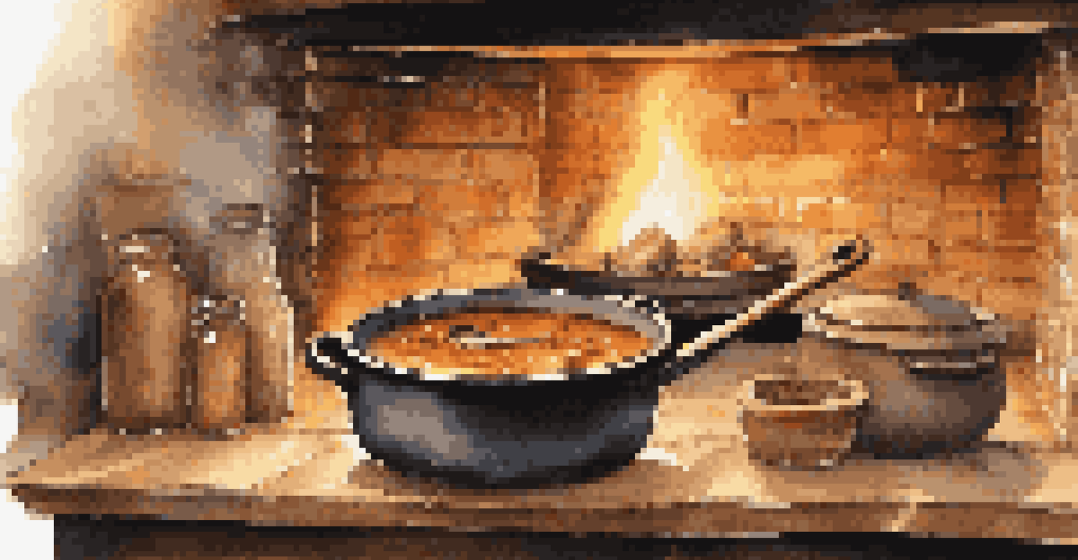 A close-up of a wooden spoon stirring a bubbling pot of stew over a wood-fired oven, with rustic textures and warm fire glow in the background.
