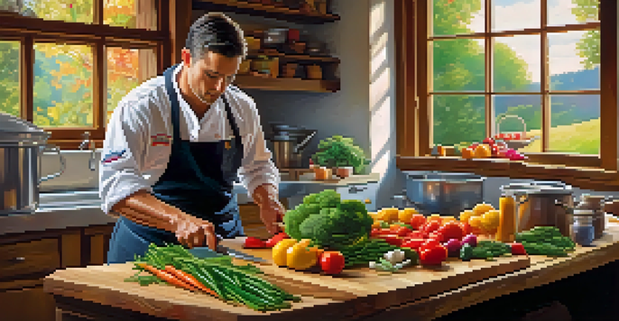 A chef chopping colorful vegetables in a professional kitchen, showcasing knife skills and vibrant ingredients.