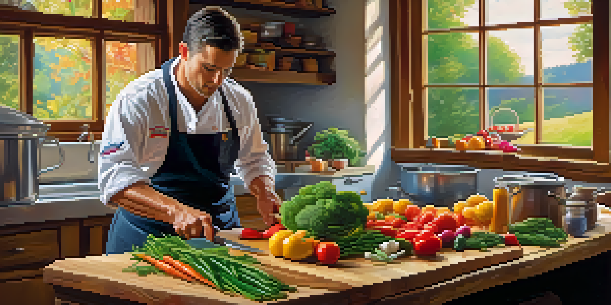 A chef chopping colorful vegetables in a professional kitchen, showcasing knife skills and vibrant ingredients.