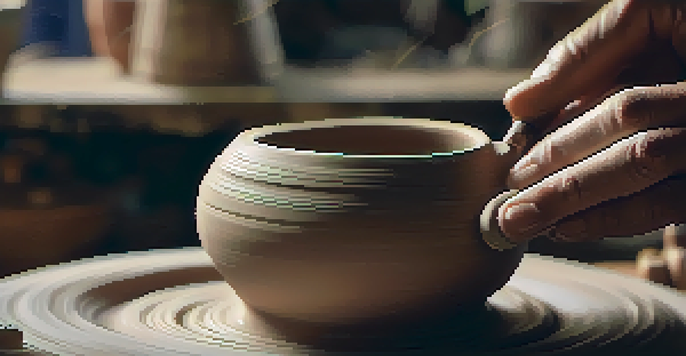 A potter shaping a clay mug on a pottery wheel, with hands covered in clay and warm light illuminating the scene.