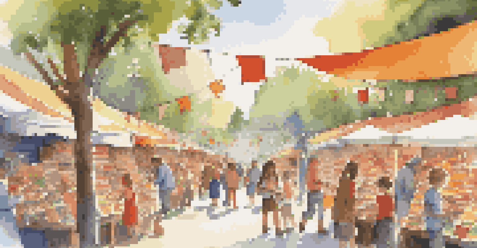 An outdoor book fair with people browsing stalls, colorful decorations, and children enjoying storytime.