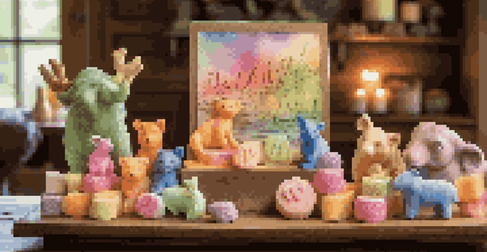 A colorful display of animal-shaped soap sculptures for a birthday celebration, arranged on a wooden table with warm lighting.