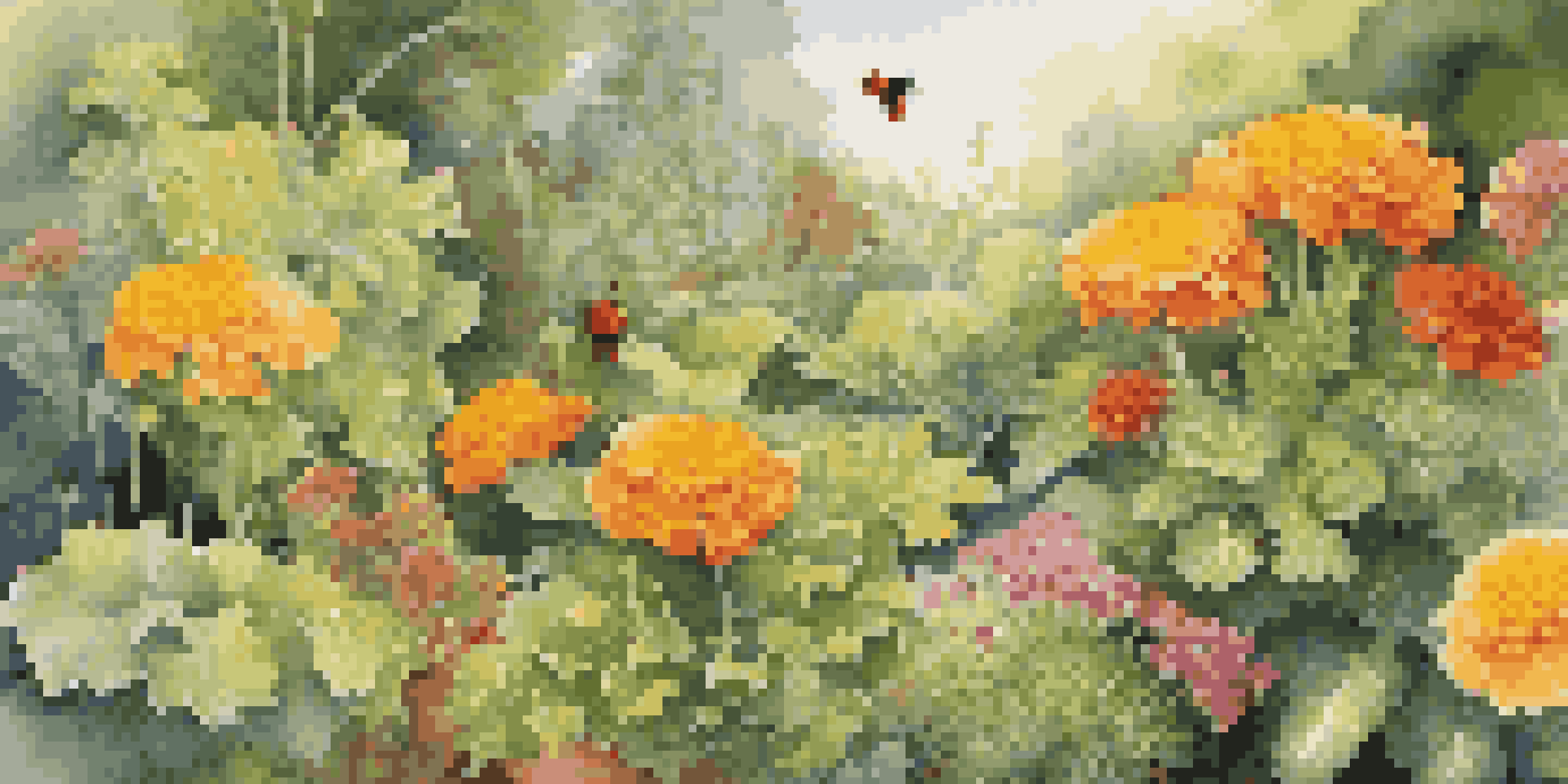 A colorful garden with marigolds and vegetables under sunlight, featuring ladybugs.