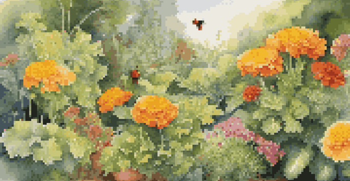 A colorful garden with marigolds and vegetables under sunlight, featuring ladybugs.