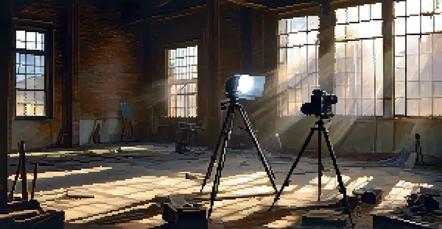 A photographer with a tripod in an abandoned warehouse, sunlight filtering through dusty windows.