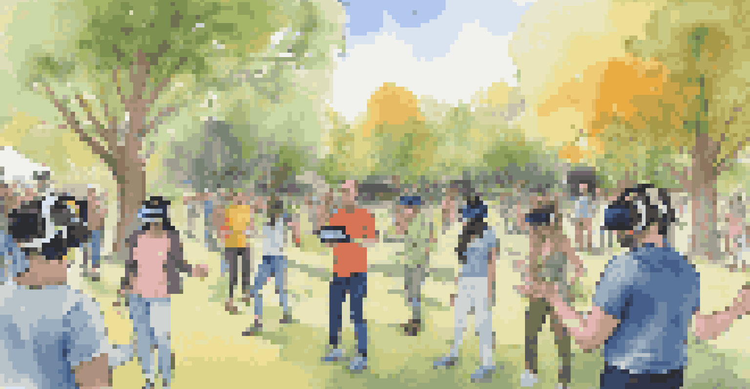 A person using a VR headset experiences a virtual social gathering in a park, surrounded by diverse individuals interacting happily.