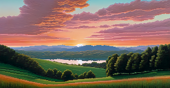 A tranquil sunset landscape with rolling hills and a reflective lake, showcasing vibrant orange and pink skies.