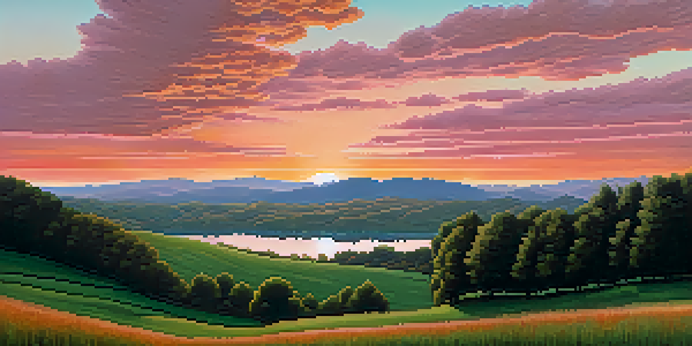 A tranquil sunset landscape with rolling hills and a reflective lake, showcasing vibrant orange and pink skies.