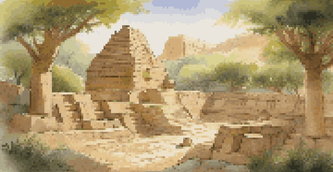 A peaceful scene showing ancient stone and clay tablets with symbols, surrounded by greenery and sunlight.